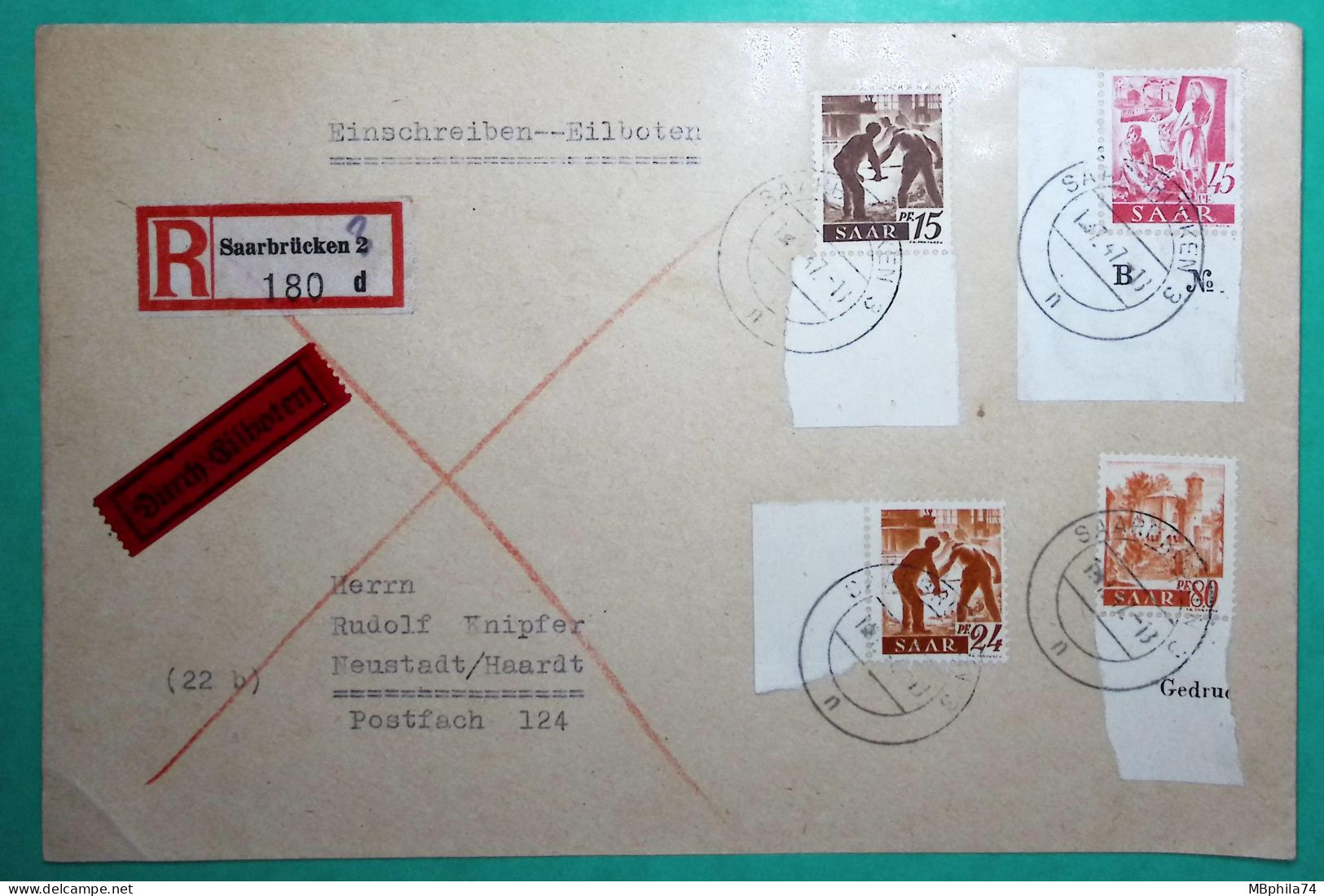 RECOMMANDE EINSCHREIBEN SARRE SAARBRÜCKEN 15 + 24 + 45 + 80 PF POUR FOR NEUSTADT 1947 COVER - Storia Postale