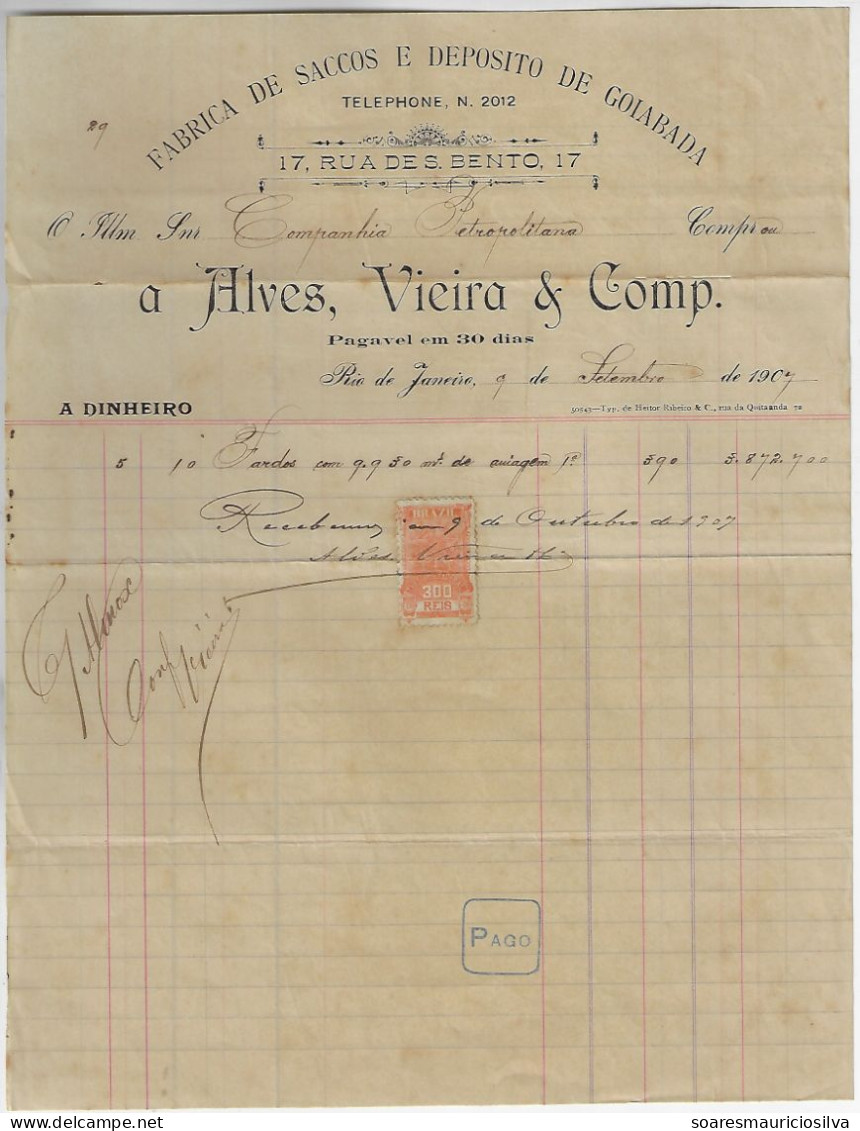 Brazil 1907 Invoice Bag Factory Guava Jam Warehouse Alves Vieira & Co Rio De Janeiro Pacific Watermark Tax Stamp 300 Rs - Briefe U. Dokumente