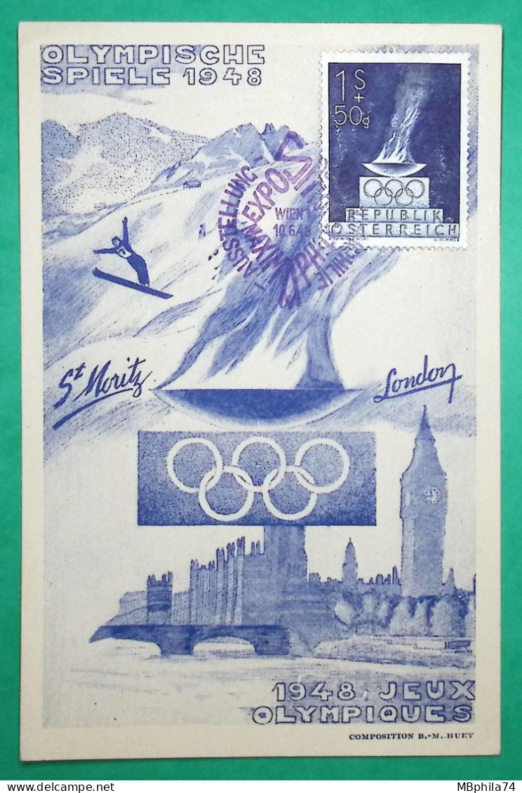 CARTE MAXIMUM MAX CARD OLYMPISCHE SPIELE OLYMPIC GAMES 1948 AUSSTELLUNG EXPOSITION WIEN VIENNE - Cartes-Maximum (CM)