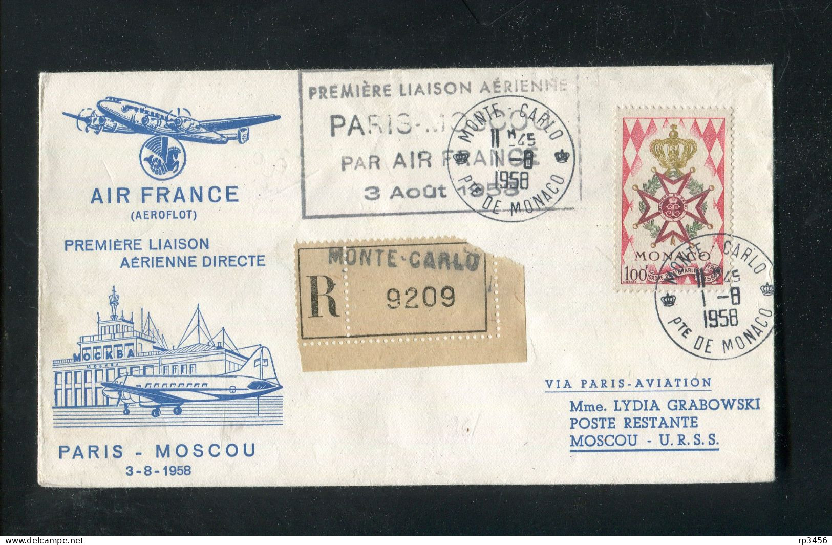 "MONACO" 1958, Zuleitungsbrief Per Einschreiben Zu AIR FRANCE-Erstflug "Paris-Moscou" (R1186) - Telefon