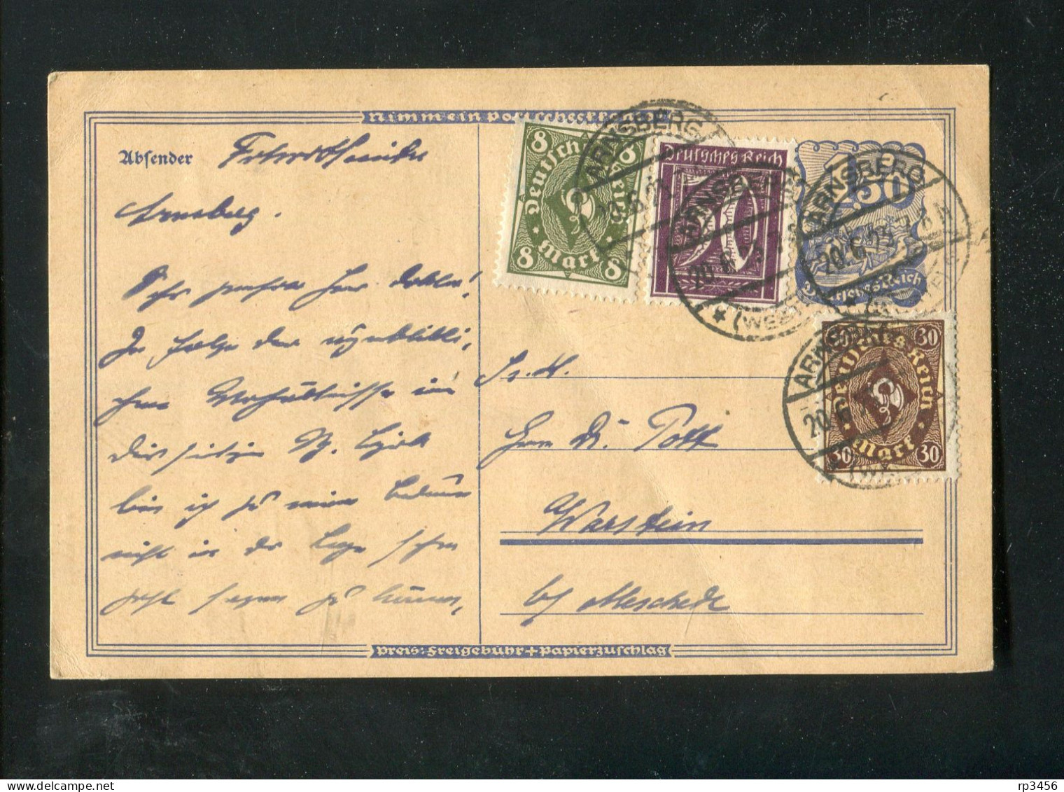 "DEUTSCHES REICH" 1923, Postkarte Mit Infla-Zusatzfrankatur Stegstempel "ARNSBERG" (R1187) - Postkarten