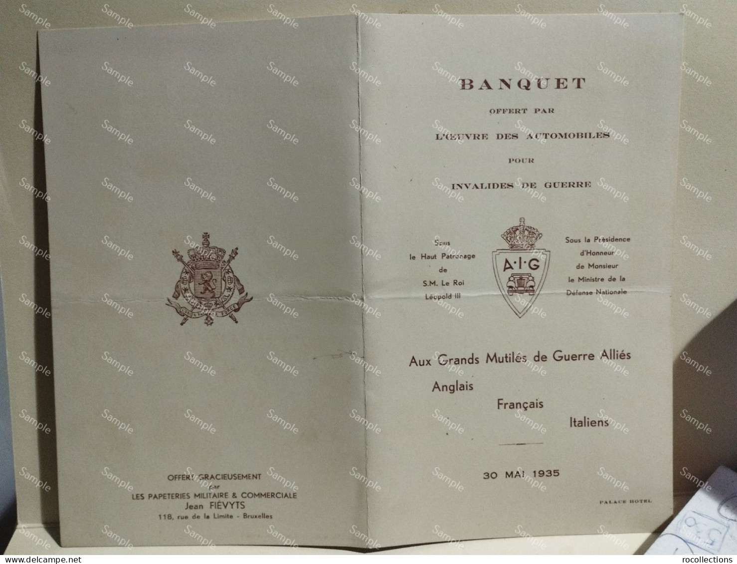 France Menù Programme BANQUET Invalides De Guerre Annglais Francais Italiens 30 Mai 1935 Palace Hotel Bruxelles. Signed - Menus