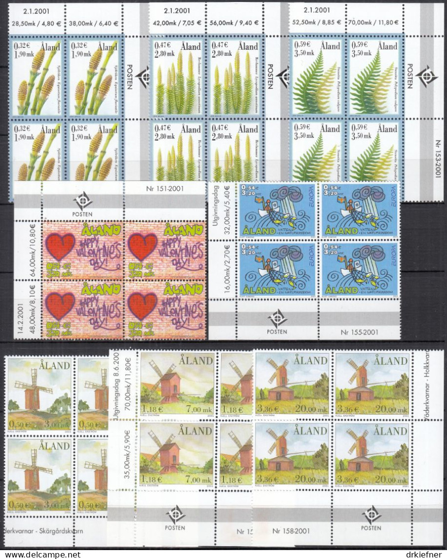 ALAND  187-197, 4erBlock Eckrand, Postfrisch **, 2001, Sporengewächse, Valentinstag, Europa, Windmühlen, Hunde - Aland