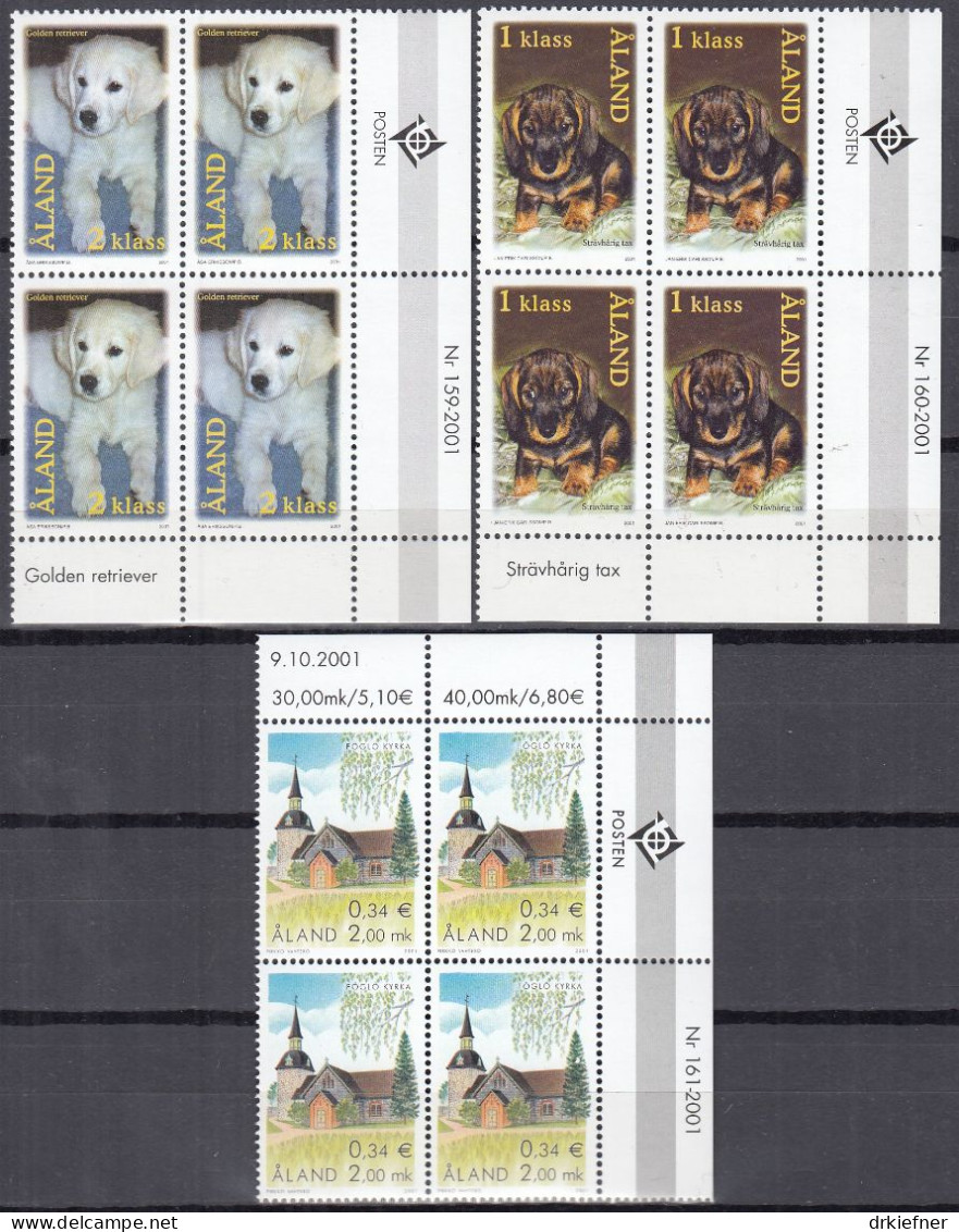 ALAND  187-197, 4erBlock Eckrand, Postfrisch **, 2001, Sporengewächse, Valentinstag, Europa, Windmühlen, Hunde - Ålandinseln