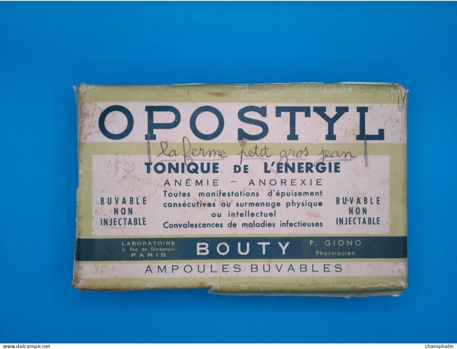 Boîte En Carton Ancienne - Ampoules Opostyl - Laboratoire Bouty à Paris (75) - Année 1943 Pharmacie P. Giono Médicament - Dozen