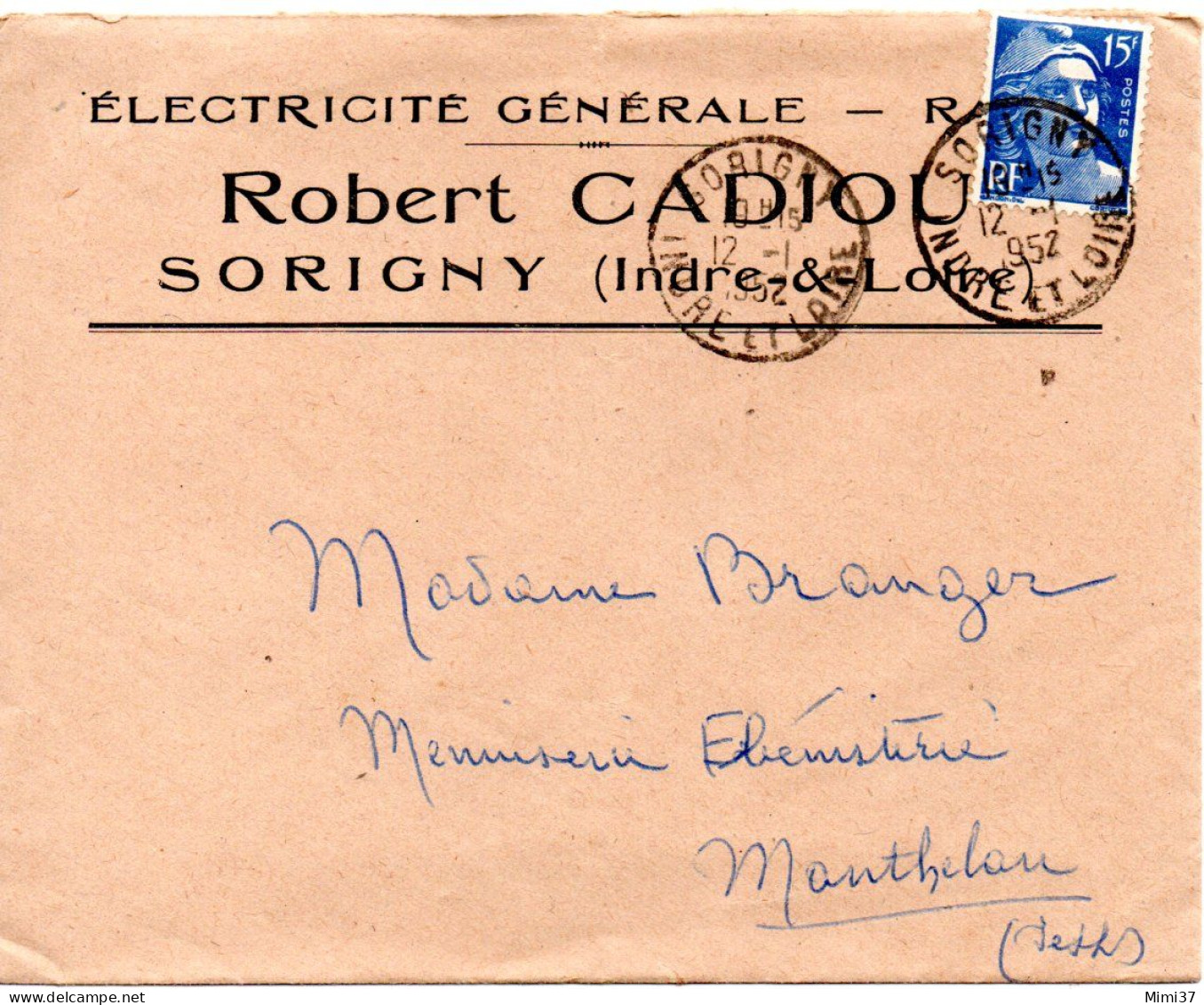 SORIGNY 37 ENVELOPPE A ENTËTE DE ROBERT CADIOU ELECTRICITE GENERALE 1952 - Unclassified