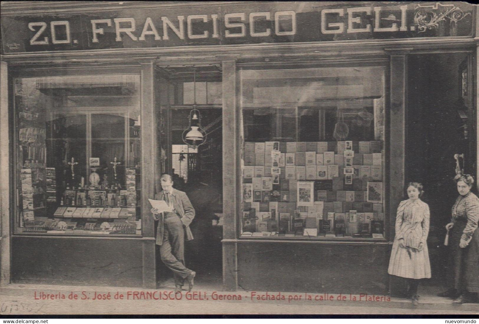 Gerona.(España).Libreria Francisco Geli,2 Tarjetas Exterior E Interior.En El Escaparate Hay Tarjetas.Magnifica.Muy Rara - Magasins