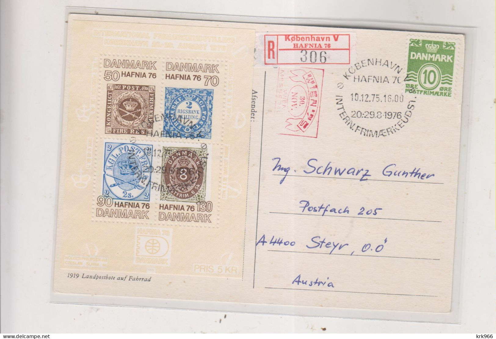 DENMARK 1976 KOBENHAVN HAFNIA Nice Registered Postcardto Austria - Briefe U. Dokumente