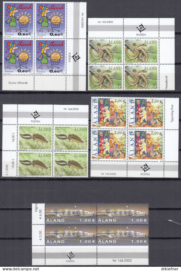 ALAND  198-202, 207-213, 4erBlock Eckrand, Postfrisch **, 2002, Euro, Amphibien, Post, NORDEN, Europa Zirkus, Marathon - Aland