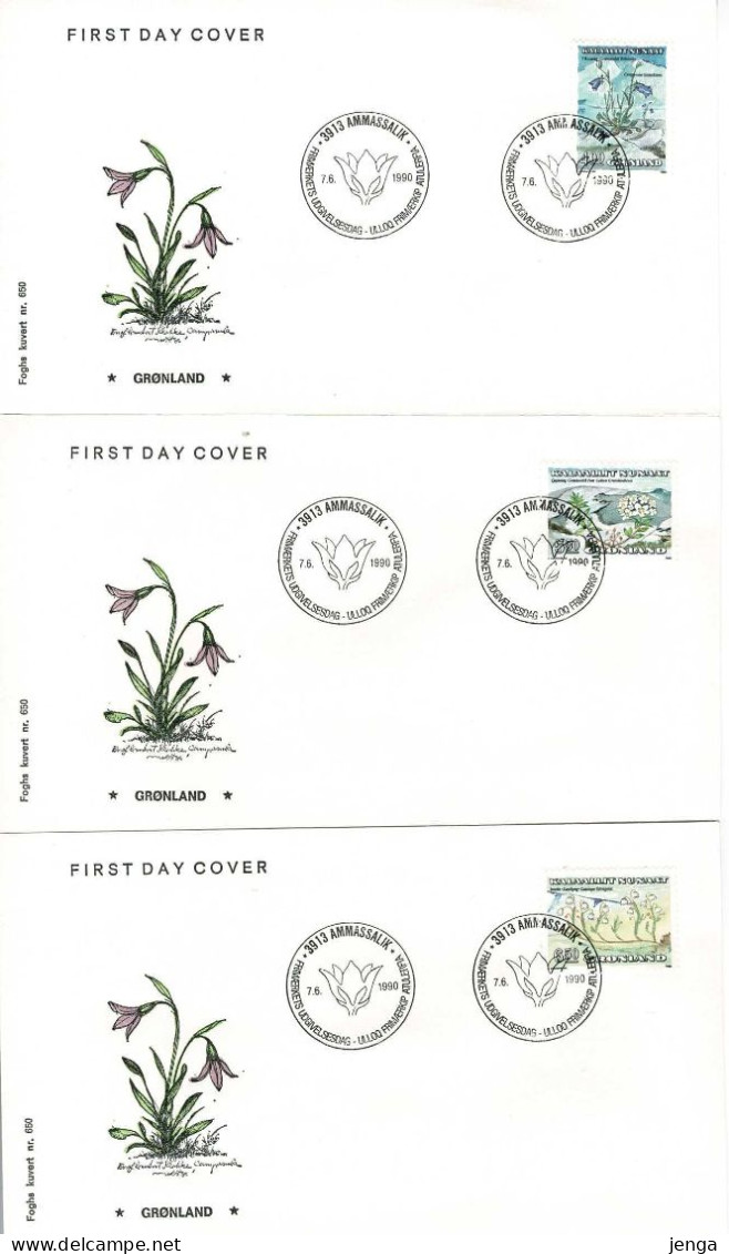 Greenland 1990; Flowers - Harebell, Greenland Marsh Tea And Lapland Cassiope.  Set Of 3 On FDC (Foghs Covers). - FDC