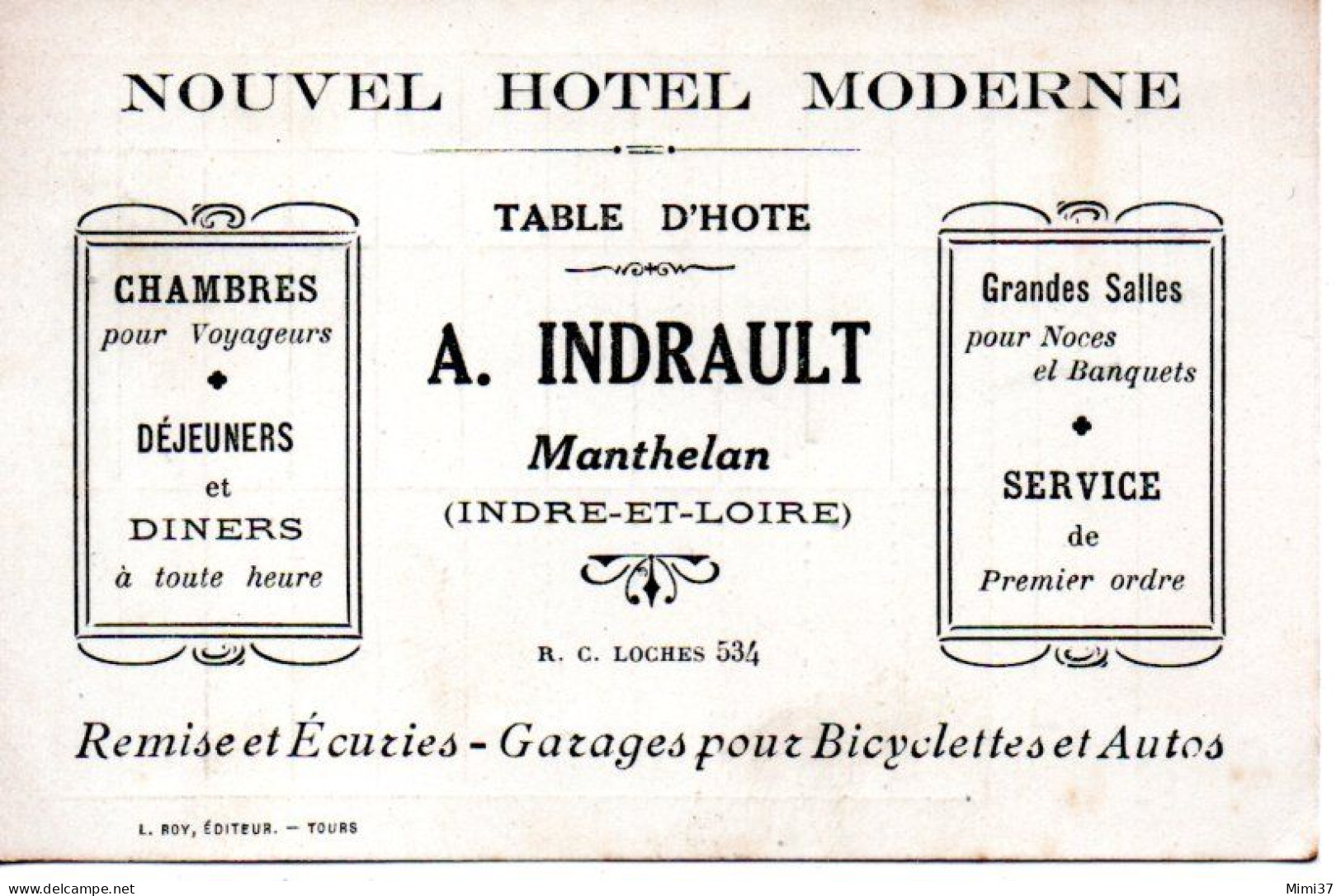 MANTHELAN 37 NOUVEL HOTEL MODERNE A INDRAULT CARTE DE VISITE FACTURE AU DOS - Cartoncini Da Visita