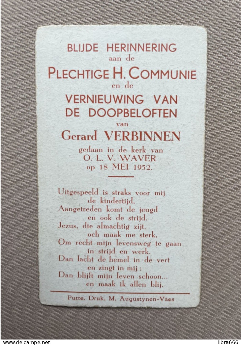 Communie - Gerard VERBINNEN - 1952 - O. L. V. WAVER - Comunión Y Confirmación