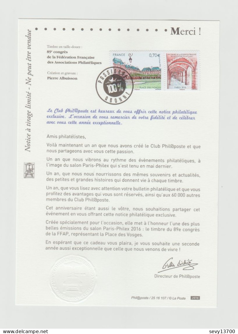 France 2016 - Document De La Poste Notice Philatélique 89ème Congrès De La Fédération Française Philathélique - Postdokumente