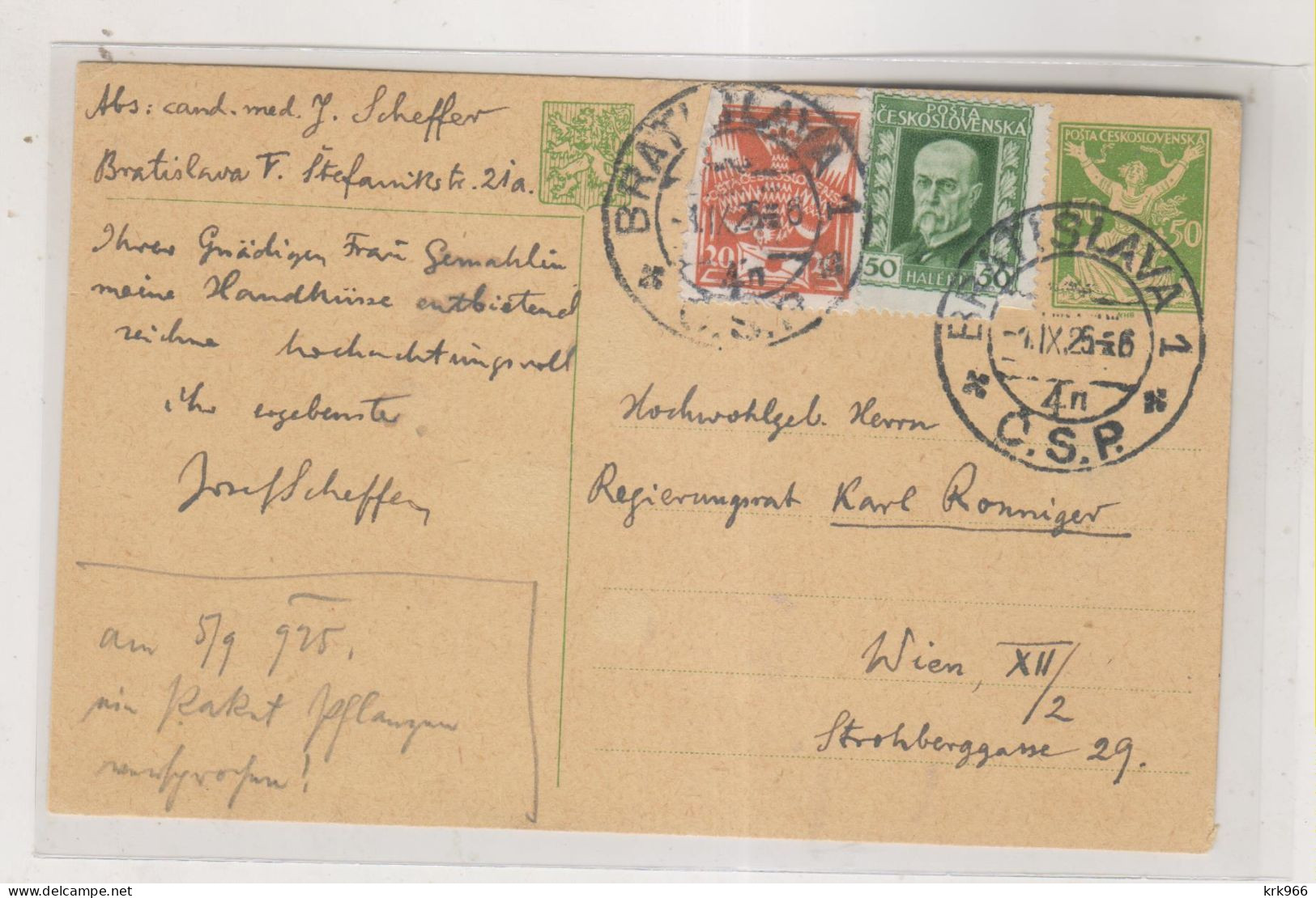 CZECHOSLOVAKIA 1925 BRATISLAVA Postal Stationery To Austria - Lettres & Documents