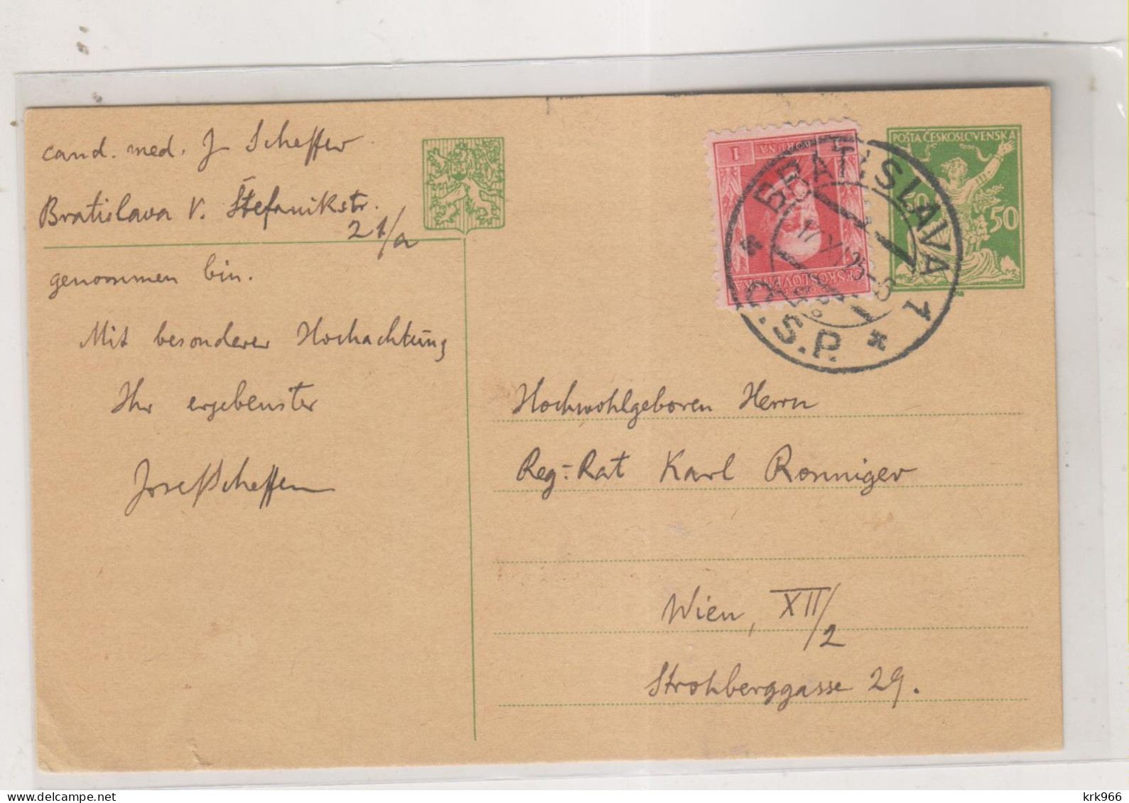 CZECHOSLOVAKIA 1925 BRATISLAVA Postal Stationery To Austria - Brieven En Documenten