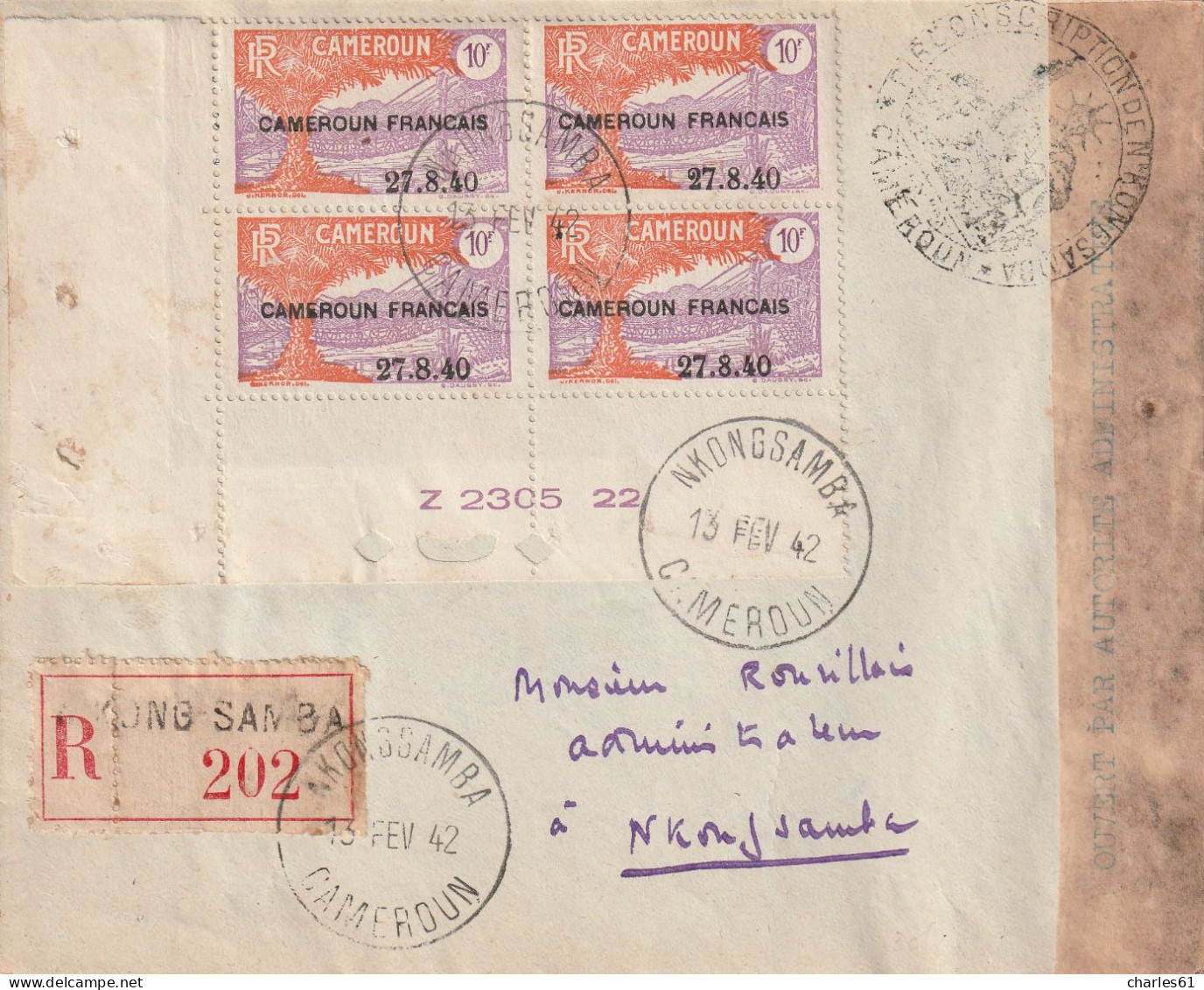 CAMEROUN - LETTRE Avec N°204 X4  "Cameroun Français 27.8.1940." De Nkongsamba Le 13/02/1942 - Variété Du 2 Bouclé - - Lettres & Documents