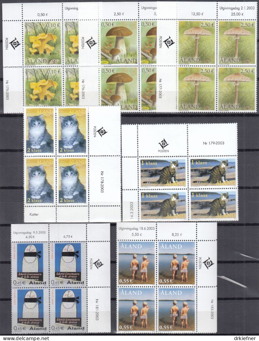 ALAND  214-218, 223, 225-228, 4erBlock Eckrand, Postfrisch **, 2003, Pilze, Katze, Europa: Plakat, Lichterfest - Ålandinseln