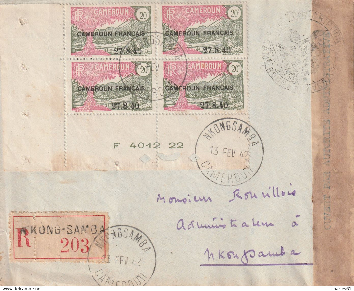 CAMEROUN - LETTRE Avec N°205 X4  "Cameroun Français 27.8.1940." De Nkongsamba Le 13/02/1942 - Variété Du 2 Bouclé - - Brieven En Documenten