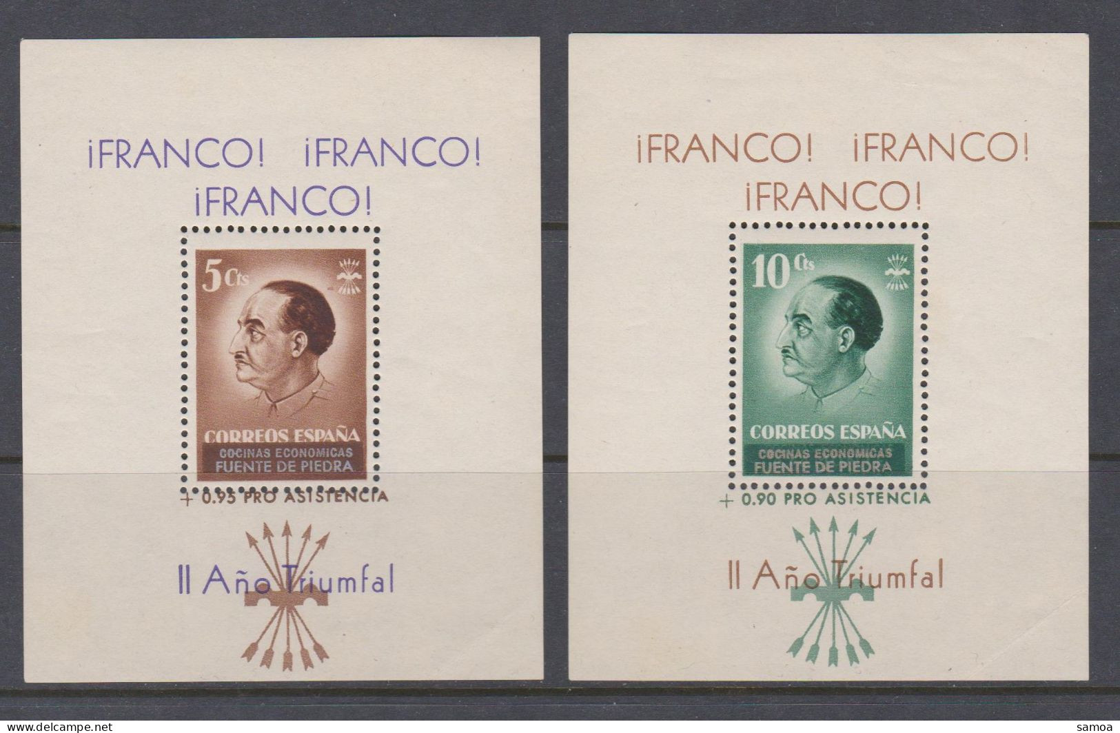 Espagne 1937 BL 5 Cts Brun 10 Cts Vert Franco Fuente De Piedra Pro Assistencia Año Triumfal - Blocks & Kleinbögen