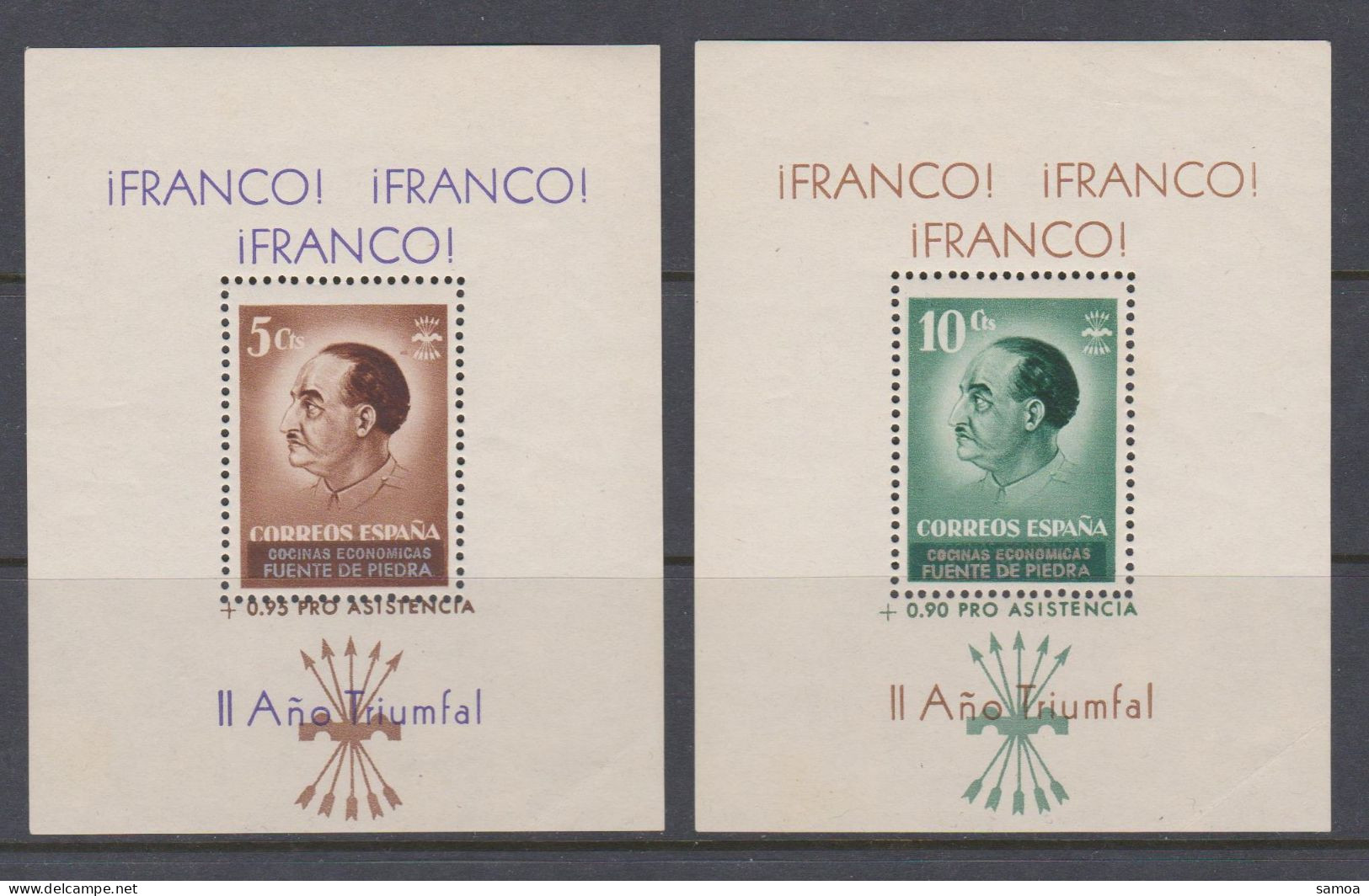 Espagne 1937 BL 5 Cts Brun 10 Cts Vert Franco Fuente De Piedra Pro Assistencia Año Triumfal - Blocs & Feuillets