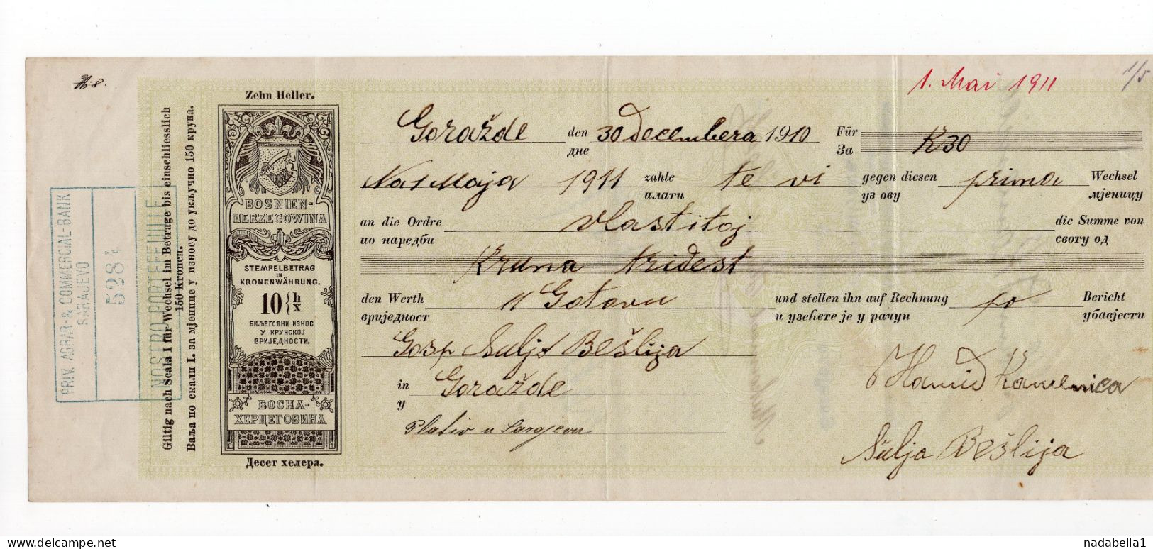 1911. BOSNIA,AUSTRIAN OCCUPATION,SARAJEVO,PRIV. AGRAR & COMMERCIAL BANK OF BIH,SARAJEVO,10 HELLER CHEQUE - Cheques En Traveller's Cheques