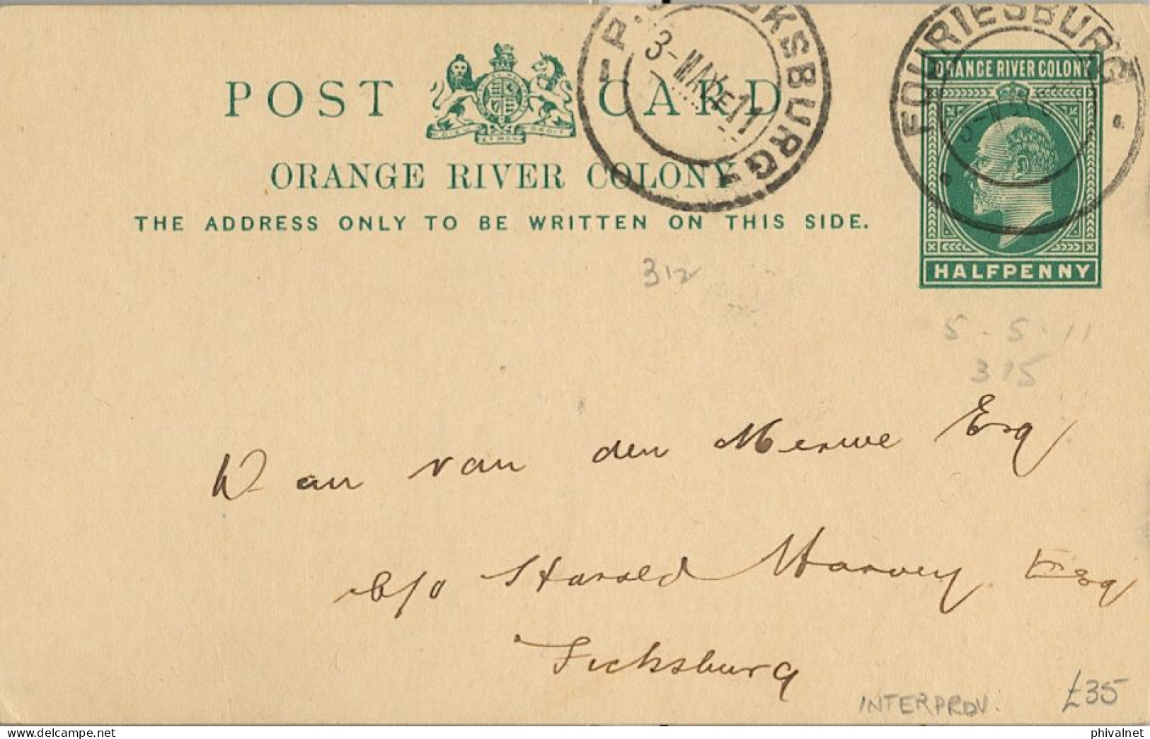 1911 ORANGE RIVER COLONY , ENTERO POSTAL CIRCULADO , FOURIESBURG , LLEGADA , MEDIO PENIQUE - Estado Libre De Orange (1868-1909)