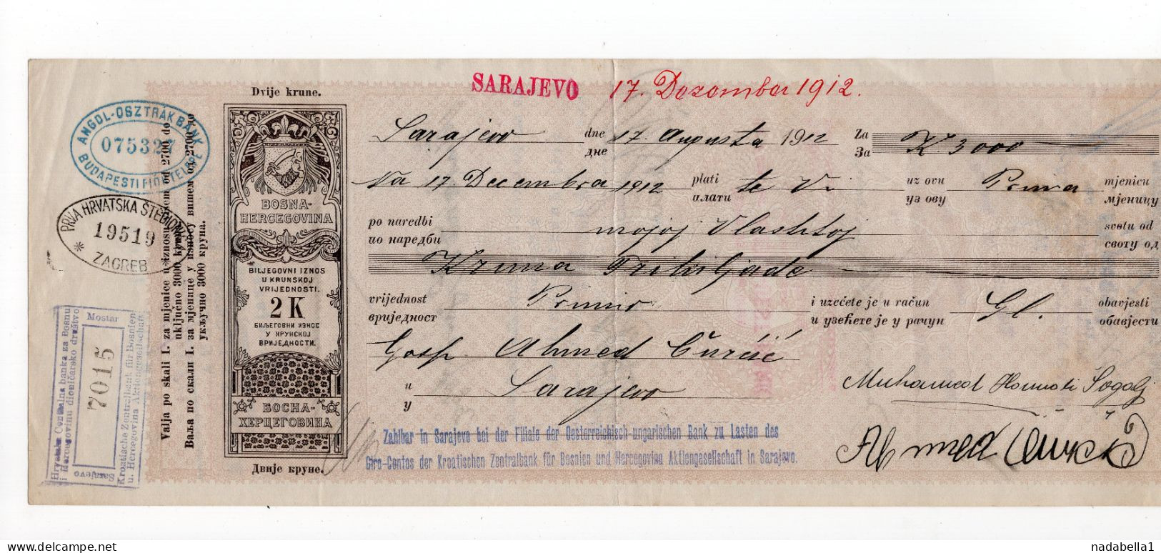 1912. BOSNIA,AUSTRIAN OCCUPATION,SARAJEVO,ANGLO-OEST BANK,CROATIAN CENTRAL BANK,2 KRONA CHEQUE - Schecks  Und Reiseschecks