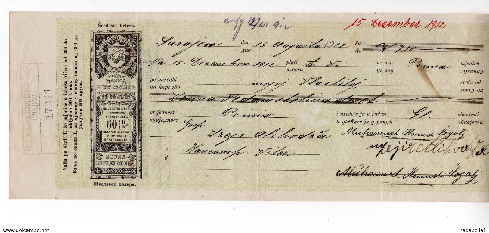 1912. BOSNIA,AUSTRIAN OCCUPATION,SARAJEVO,PRIV. AGRAR & COMMERCIAL BANK OF BIH,60 HELLER CHEQUE - Cheques & Traveler's Cheques