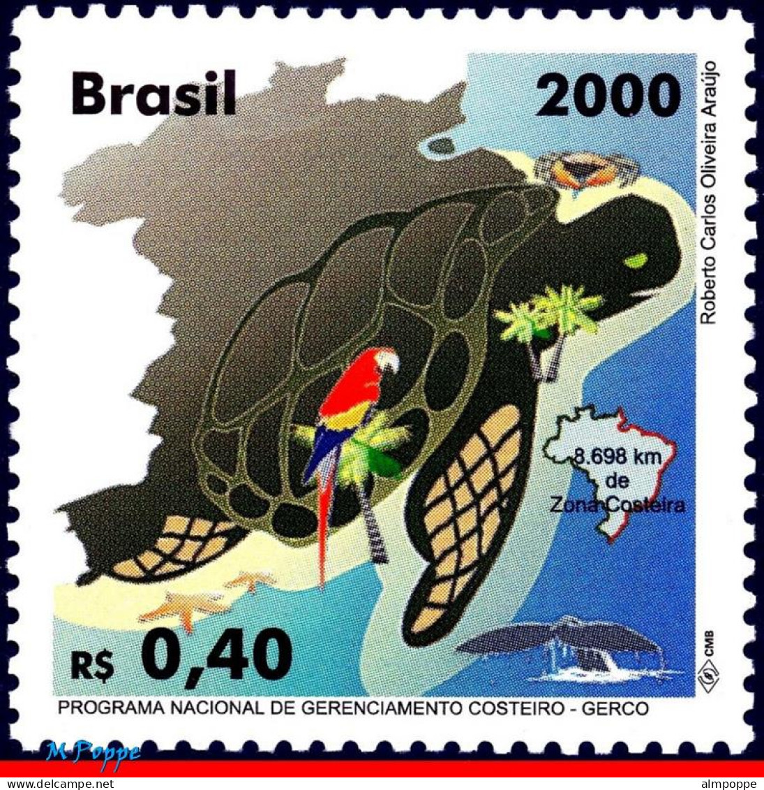 Ref. BR-2742 BRAZIL 2000 - GERCO, COASTAL ZONE,PARROT, TURTLE, WHALE, MI# 3028, MNH, MAPS 1V Sc# 2742 - Nuovi