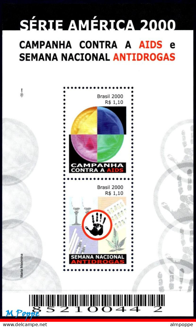 Ref. BR-2755 BRAZIL 2000 - AIDS AND ANTI-DRUGS,UPAEP, AMERICA SERIES, MI# B113, S/S MNH, HEALTH 2V Sc# 2755 - Nuovi