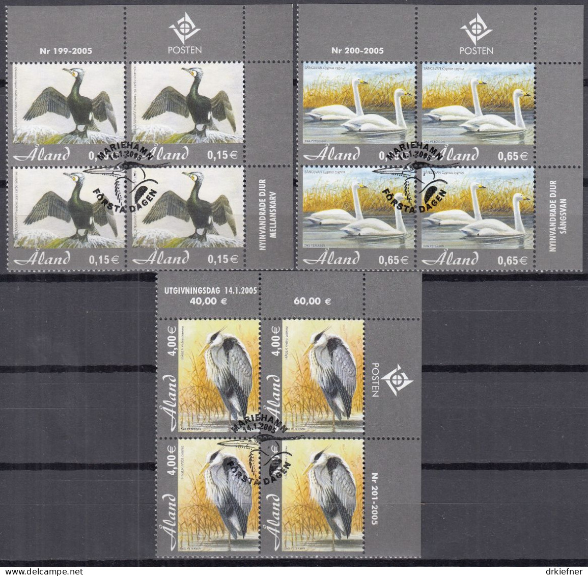 ALAND  244-246, 4erBlock Eckrand, Gestempelt, 2005, Vögel: Kormoran, Schwan, Graureiher - Aland