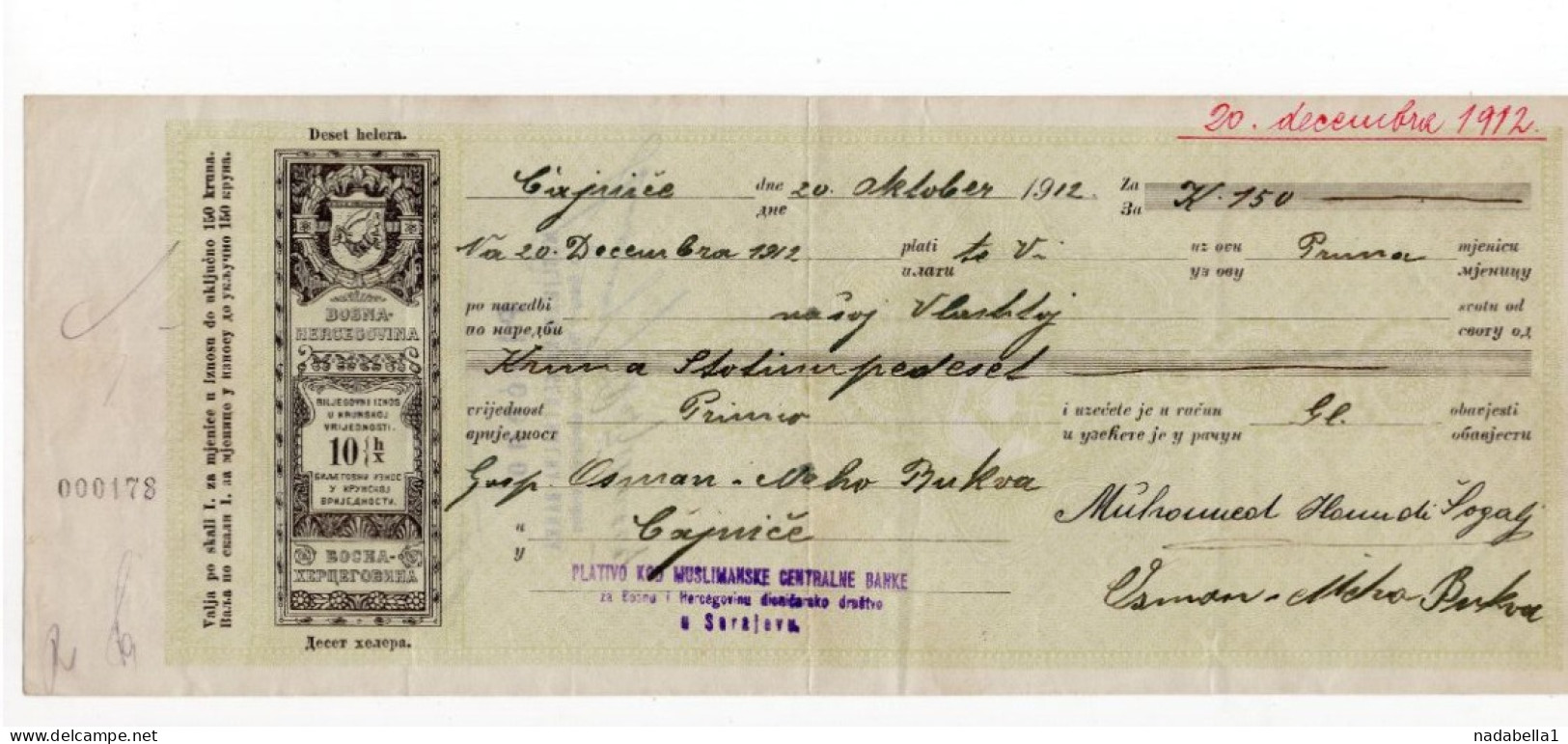 1912. BOSNIA,AUSTRIAN OCCUPATION,SARAJEVO,MUSLIM CENTRAL BANK,10 HELLER CHEQUE - Cheques & Traverler's Cheques