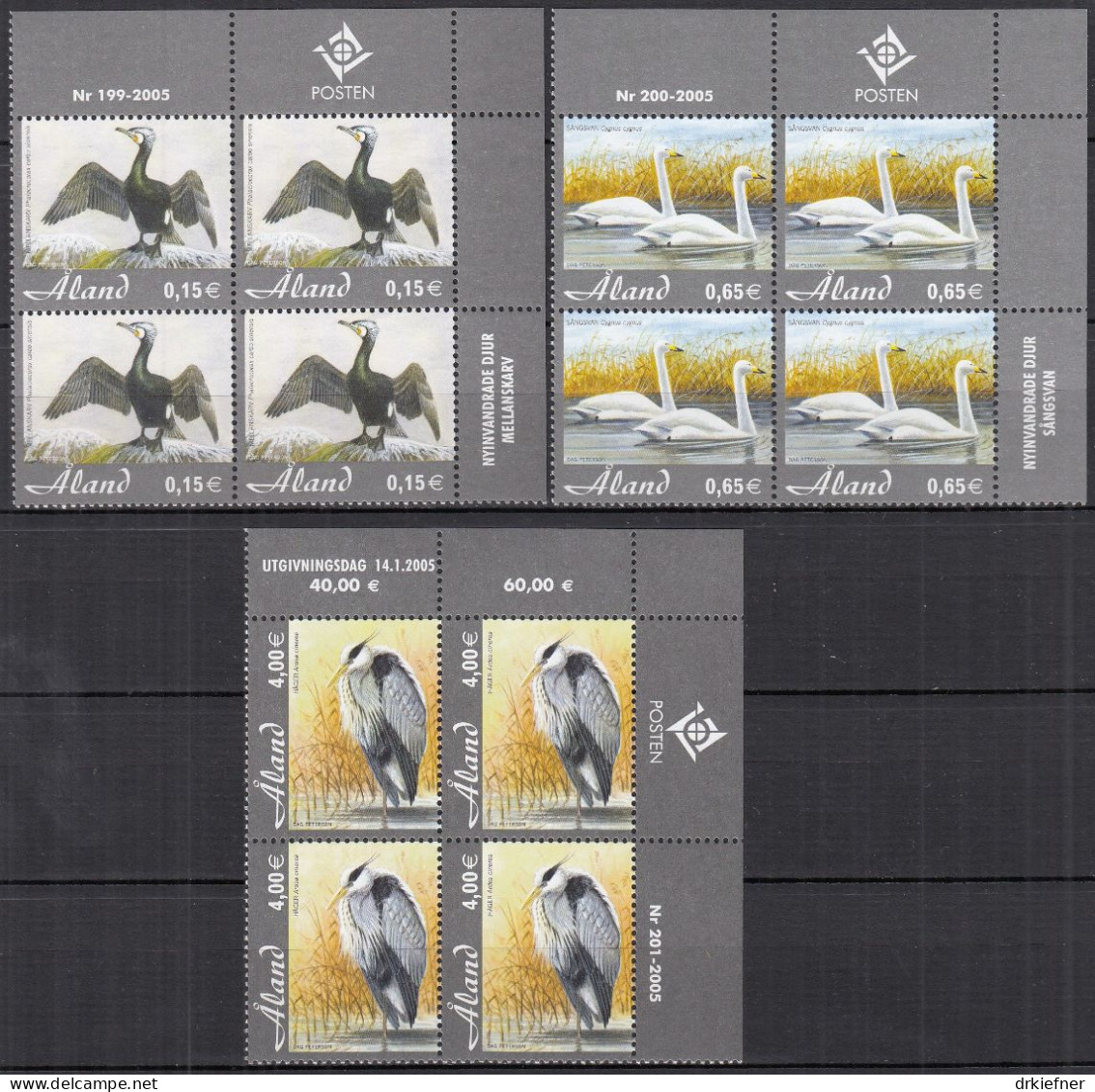 ALAND  244-246, 4erBlock Eckrand, Postfrisch **, 2005, Vögel: Kormoran, Schwan, Graureiher - Aland