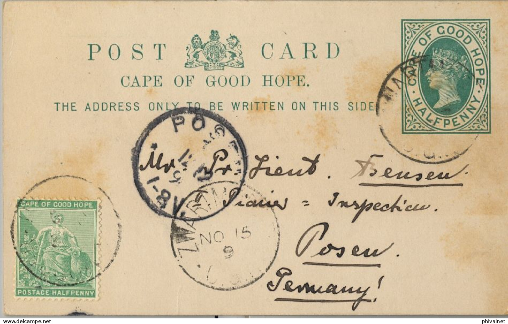 1898 CAPE OF GOOD HOPE , ENTERO POSTAL CON FRANQUEO COMPLEMENTARIO , ZWARTMO - POSEN , UPINGTON - Cabo De Buena Esperanza (1853-1904)