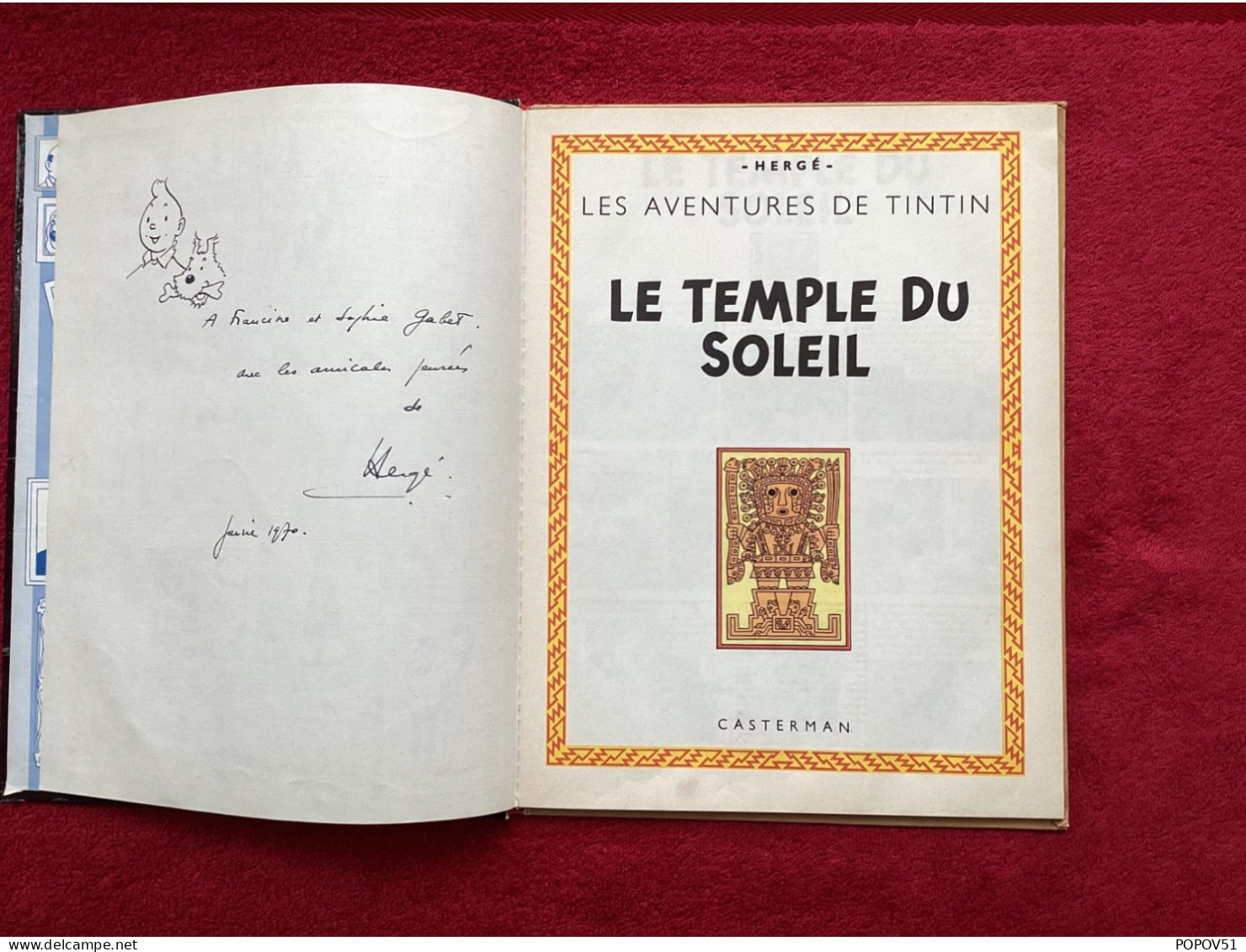 Hergé dedicace dans album Le Temple du Soleil