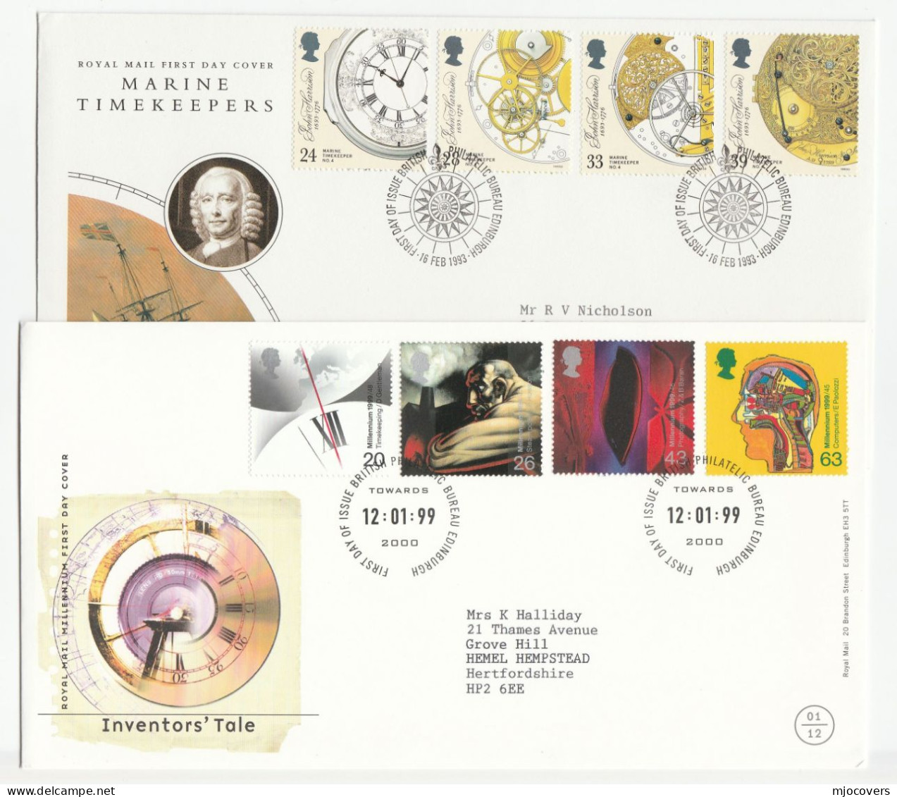 CLOCKS FDCs 1993 & 1999 GB Timekeeping Stamps Cover Fdc Clock - Uhrmacherei