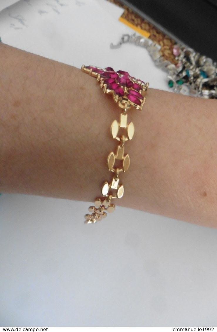 Neuf - Bracelet Gourmette En Métal Doré Serti Strass Couleur Rose Rouge Rubis - Armbanden