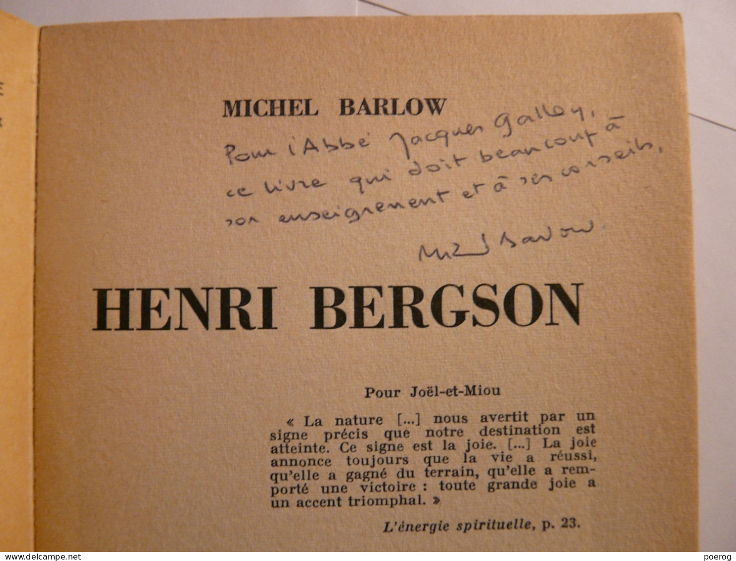 BERGSON PAR MICHEL BARLOW - DEDICACE PAR L'AUTEUR BEL AUTOGRAPHE - 1966 - CLASIQUES DU XX° SIECLE EDITIONS UNIVERSITAIRE - Signierte Bücher