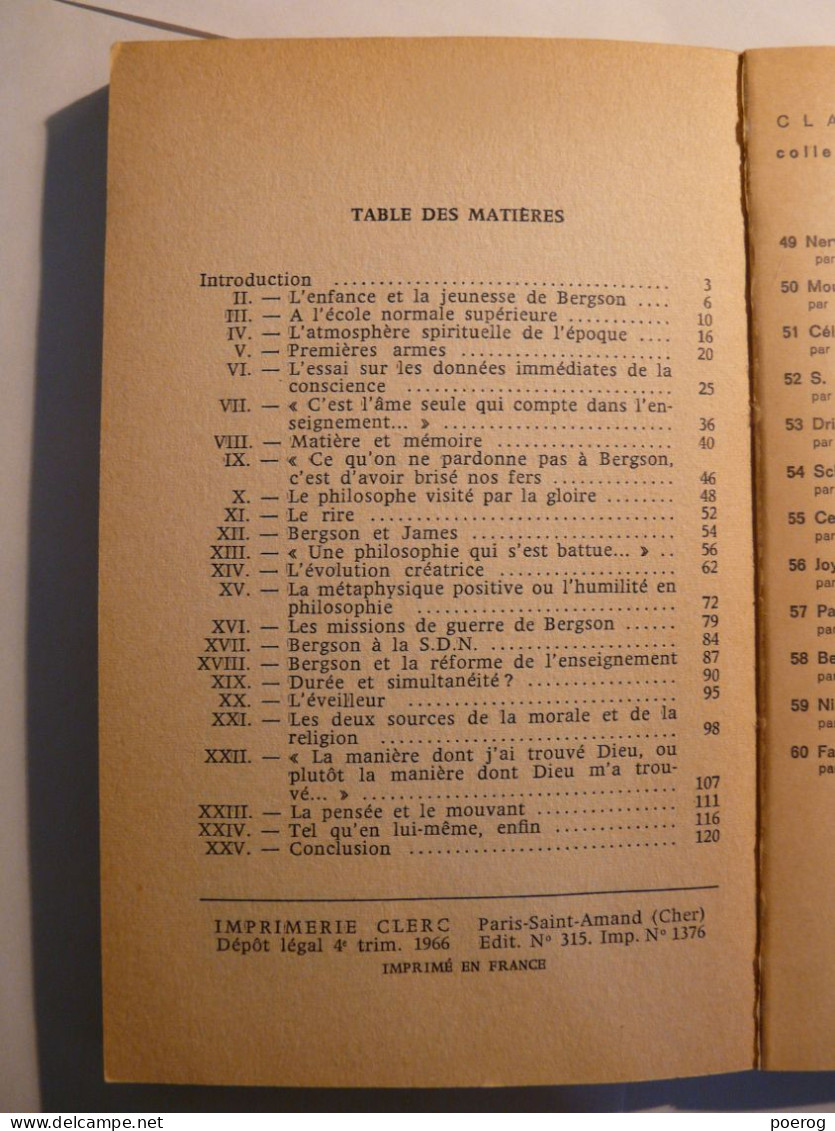 BERGSON PAR MICHEL BARLOW - DEDICACE PAR L'AUTEUR BEL AUTOGRAPHE - 1966 - CLASIQUES DU XX° SIECLE EDITIONS UNIVERSITAIRE - Livres Dédicacés