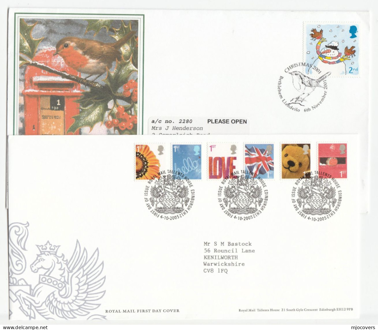 ROBIN Bird  FDCs 2001 & 2005  GB  Stamps Cover Fdc Birds - Songbirds & Tree Dwellers
