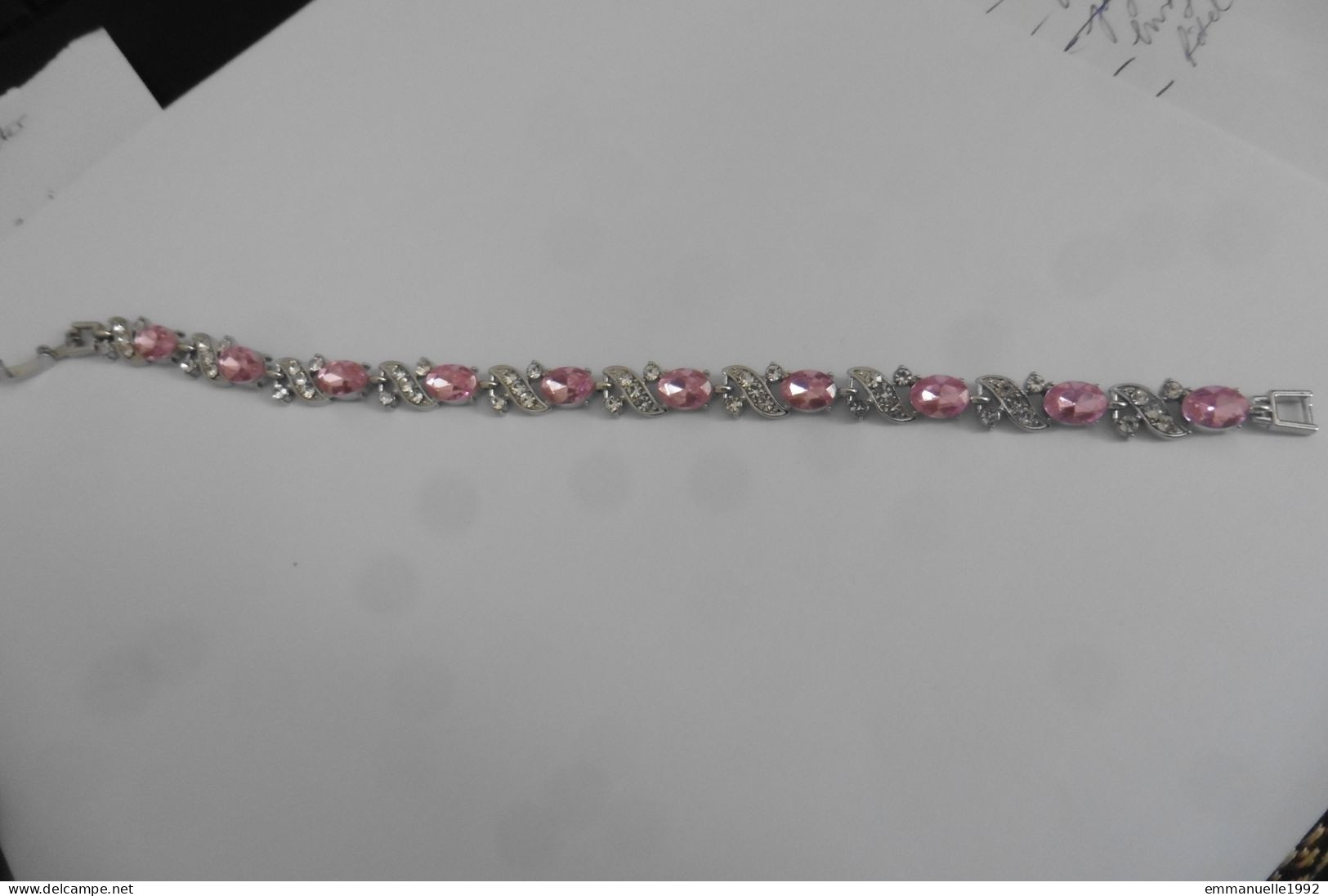 Neuf - Bracelet Gourmette Réglable En Métal Argenté Serti Cristaux Strass Rose Et Blanc Transparent - Armbänder