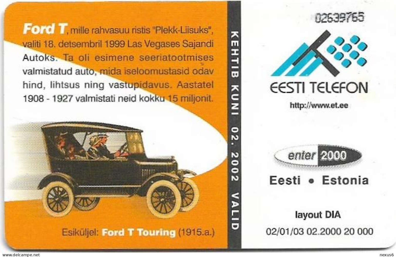 Estonia - Eesti Telefon - Ford T Old Car - 02.2000, 20.000ex, Used - Estland