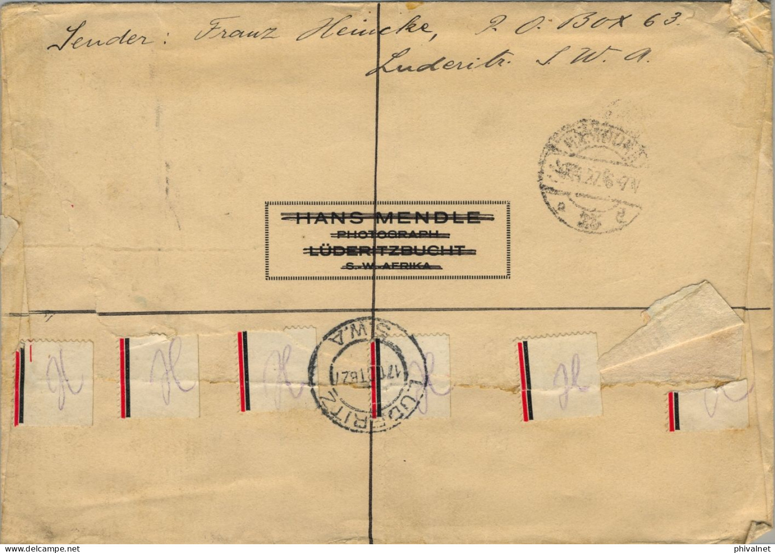 1927 SOUTH WEST AFRICA , LÜDERITZ - HAMBURGO , SOBRE CERTIFICADO VIA CAPE TOWN Y SOUTHAMPTON , LLEGADA - Südwestafrika (1923-1990)