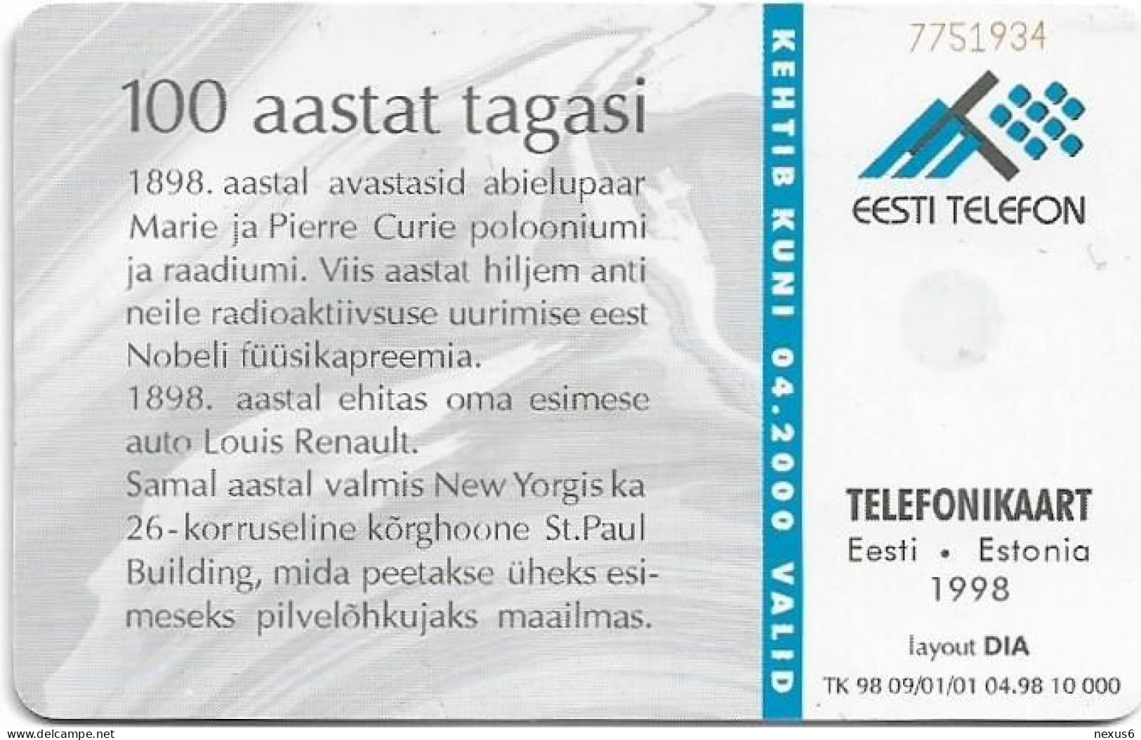 Estonia - Eesti Telefon - 100 Years Ago - ET0084 - 04.1998, 100Kr, 10.000ex, Used - Estonie