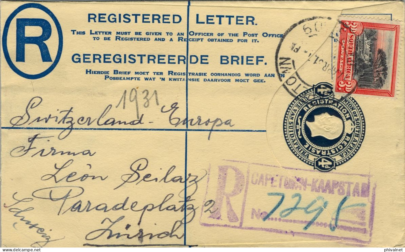 1931 AFRICA DEL SUR , CAPETOWN - ZÜRICH , SOBRE ENTERO POSTAL CIRCULADO , LLEGADA - Storia Postale