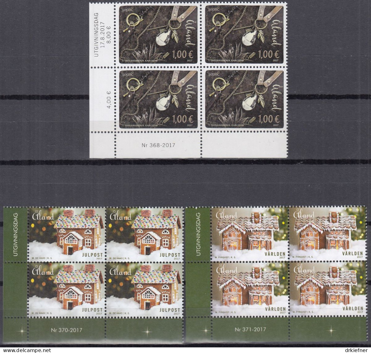 ALAND  434-5, 437-442, 446-7, 4erBlock Eckr., Postfrisch **, 2017, Segelschiffe, Europa: Burgen, Sauna, SEPAC - Aland