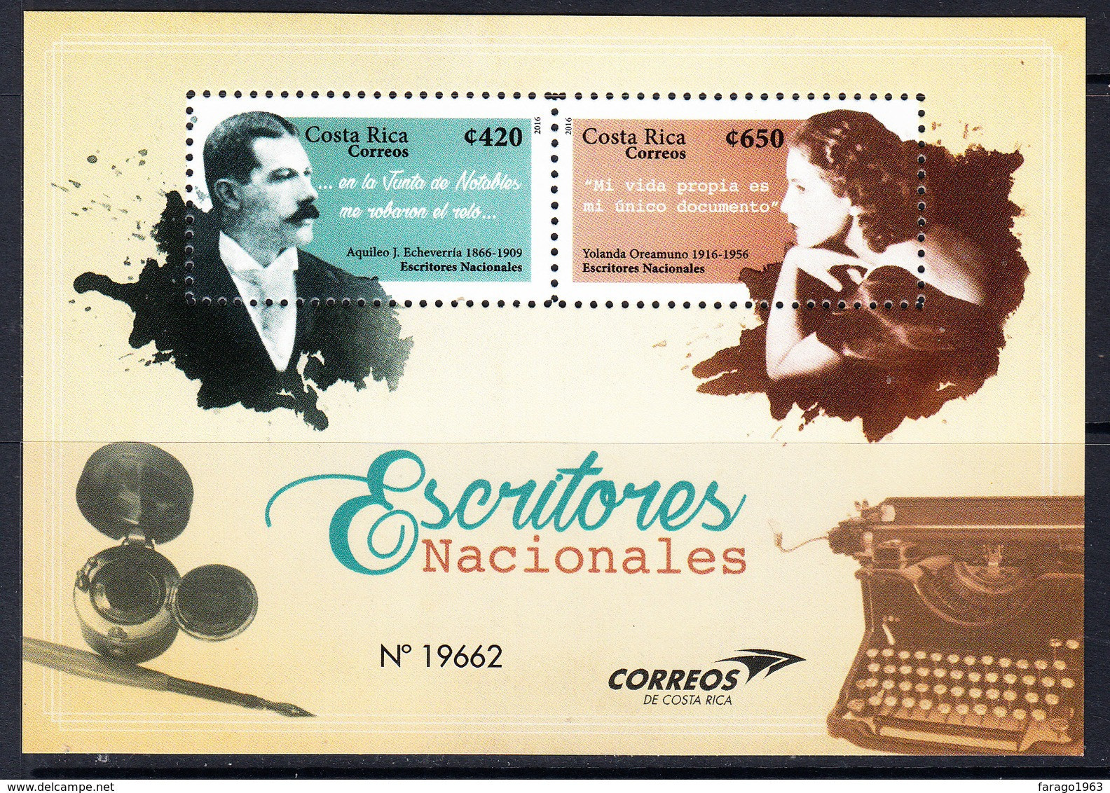 2016 Costa Rica Writers Literature Souvenir Sheet MNH - Costa Rica