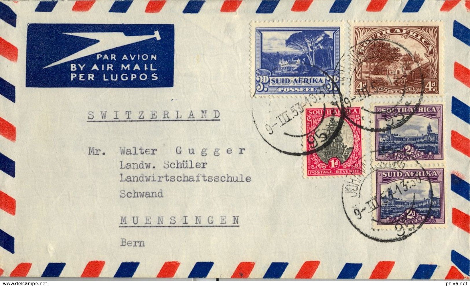 1953 AFRICA DEL SUR , JOHANNESBURG - MUENSINGEN , CORREO AÉREO , SOBRE CIRCULADO - Lettres & Documents