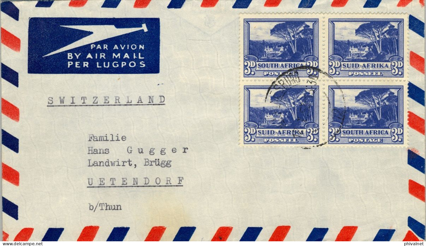 1953 AFRICA DEL SUR , JOHANNESBURG - UETENDORF , CORREO AÉREO , SOBRE CIRCULADO - Briefe U. Dokumente