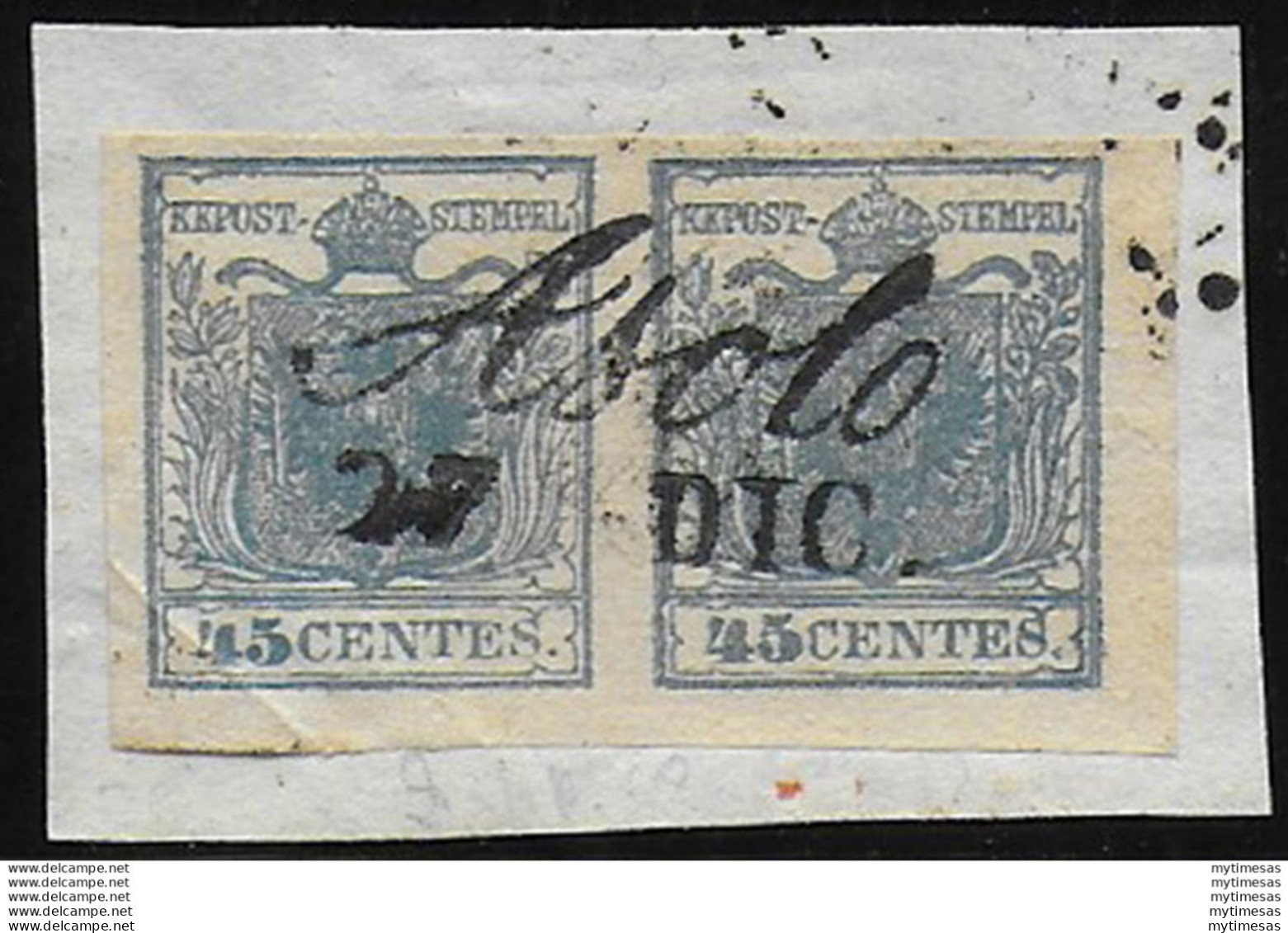 1851 Lombardo Veneto 45c. Azzurro Scuro Pair Cancelled Sassone 17a - Lombardo-Veneto